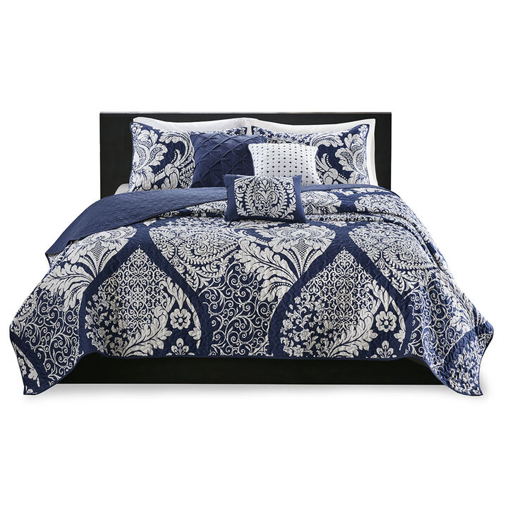 Gracie Mills Muriel 6 Piece Damask Printed Cotton Quilt Set with Throw Pillows