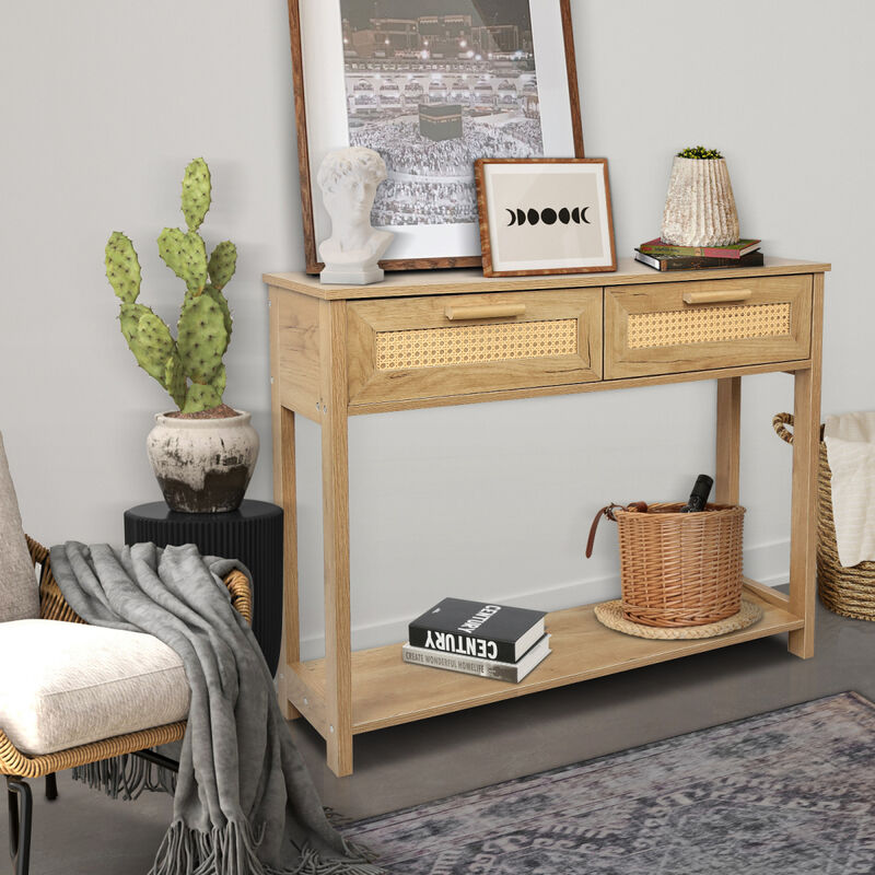 Console Table with 2 Drawers, Sofa Table, Entryway Table with open Storage Shelf, Narrow Accent Table with rattan design for Living Room/Entryway/Hallway, Natural Color