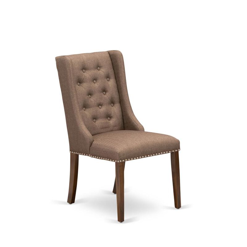 FOP8T18 Mid Century Dining Chairs - Brown Linen Fabric Parson Dining Chairs and Button Tufted Back with Antique Walnut Rubber Wood Legs - Modern Dining Chairs Set of 2 - Set of 2