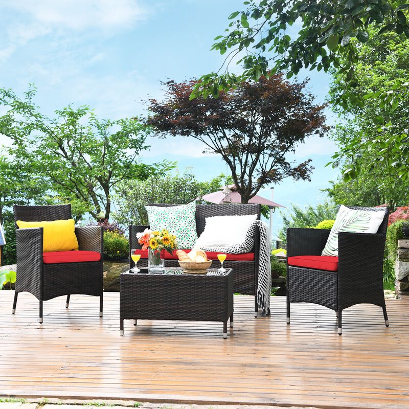 4 Pieces Comfortable Outdoor Rattan Sofa Set with Glass Coffee Table image number 1