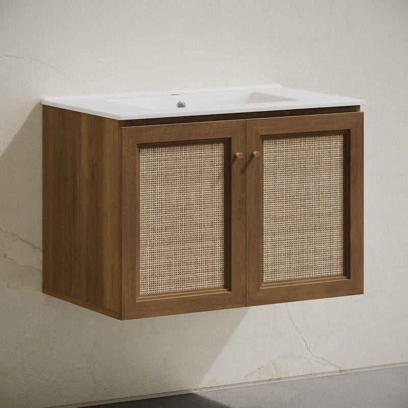 30" Wall-Mounted Bathroom Vanity in Brown Oak with Single Faucet Hole Vanity Top image number 2