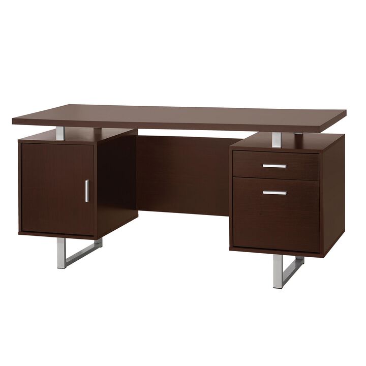 Double Pedestal Office Desk With Metal Sled Legs, Brown-Benzara