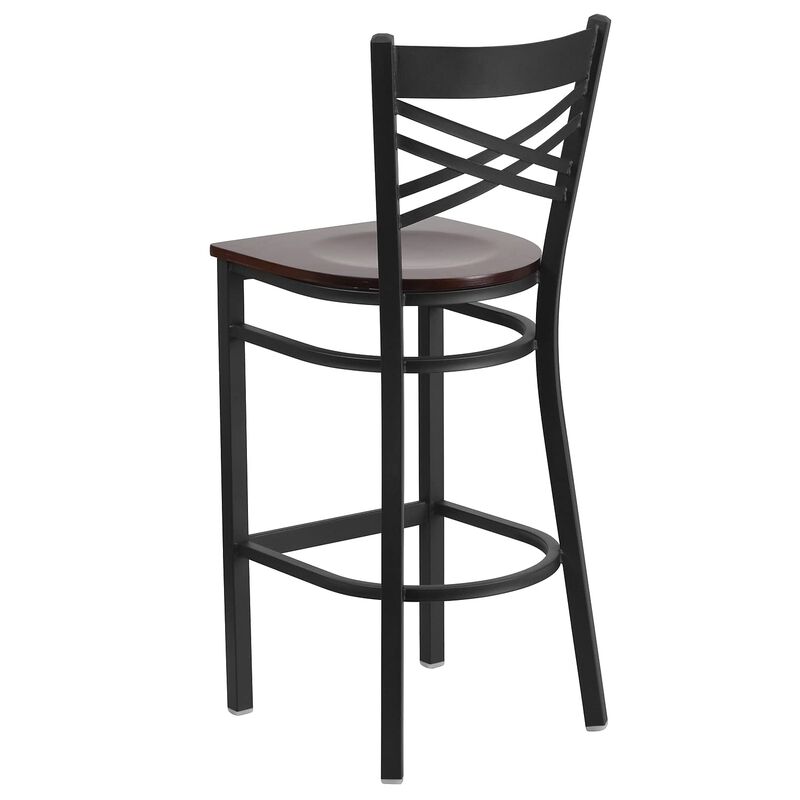 Flash Furniture HERCULES Series Black ''X'' Back Metal Restaurant Barstool - Walnut Wood Seat