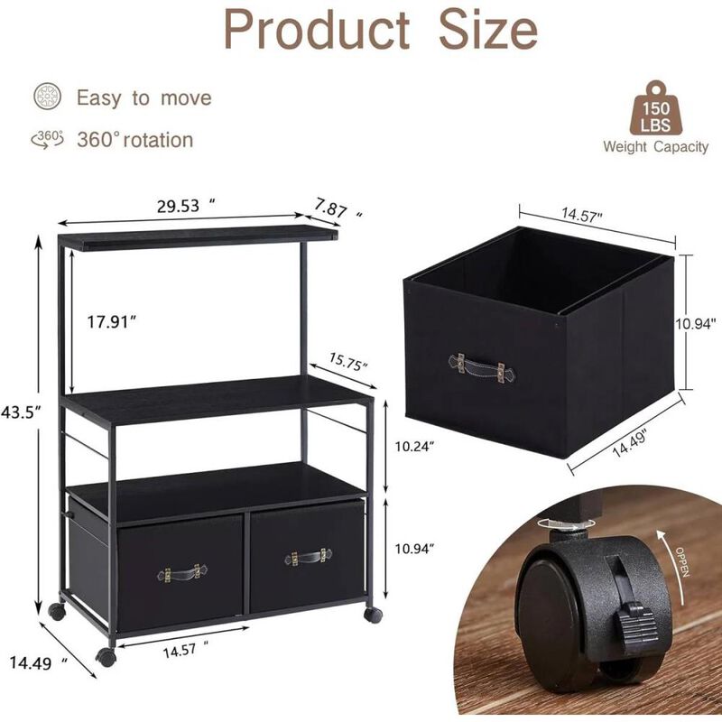 Hivvago Industrial Modern Black Metal Wood Printer Stand File Cabinet w/ Fabric Drawers