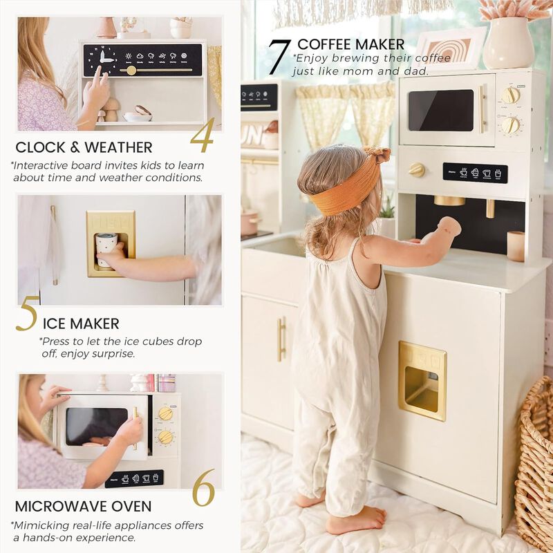 Play Kitchen for Kids - Interactive Wooden Kitchen with Coffee Maker & Microwave, Modern Home Design with Fabric Curtains, Pretend Play Toy image number 4
