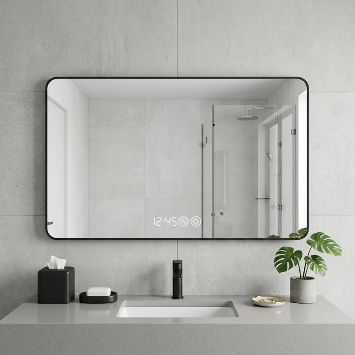 HomeRoots 32" Black Aluminum Lighted Framed Anti Fog Bathroom Vanity Mirror