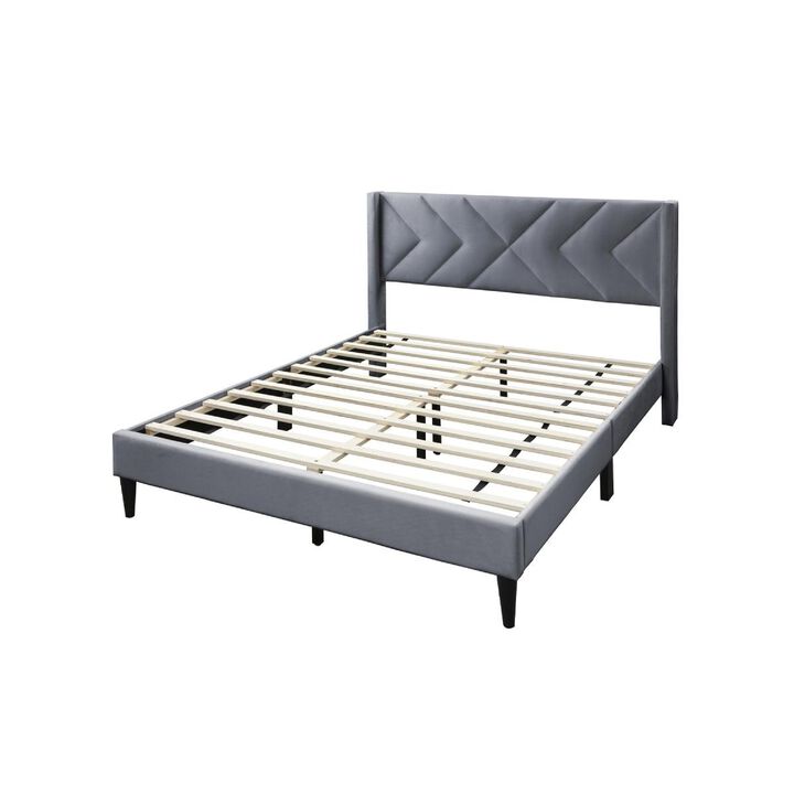Reno Queen Size Bed, Modern X Channel Tufted Gray Velvet Upholstery - Benzara
