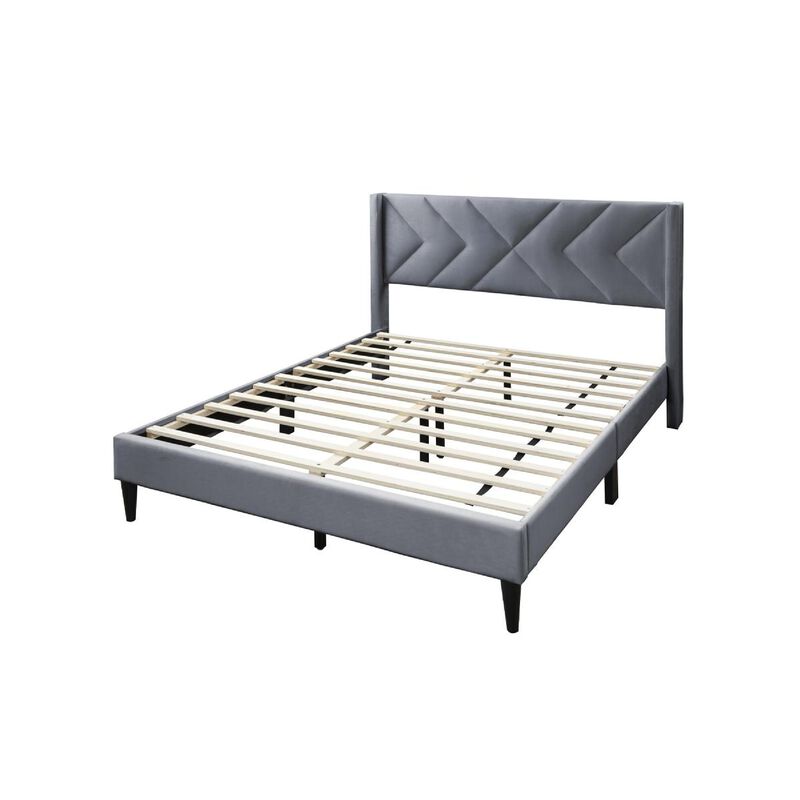 Reno Queen Size Bed, Modern X Channel Tufted Gray Velvet Upholstery - Benzara