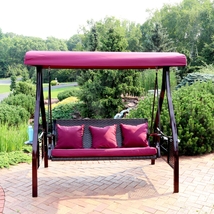 Sunnydaze 3-Person Steel Patio Swing Bench with Side Tables/Canopy - Merlot