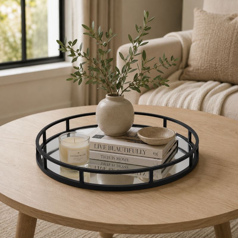 Shaya Round Tray, Gallery Frame w Rails, Glass, Black Metal 15 Inch image number 8