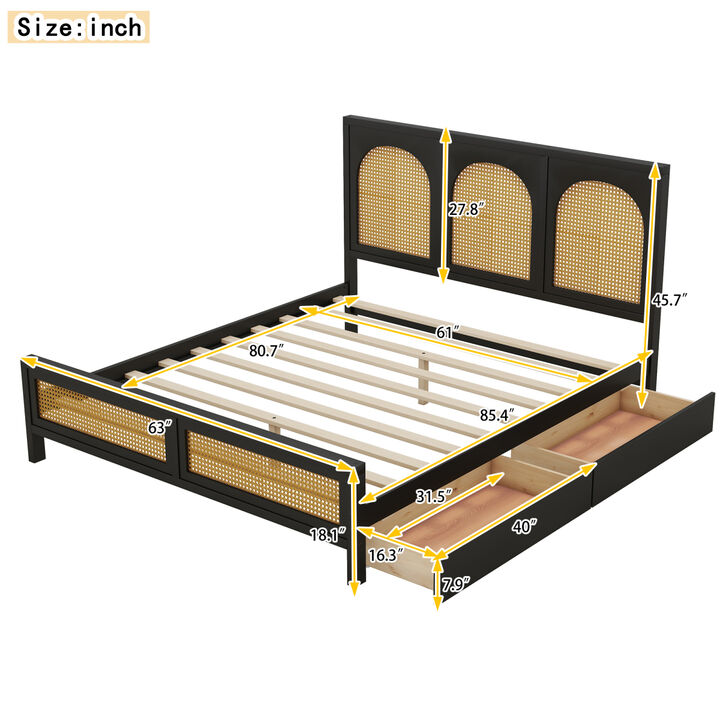 Queen Size Wood Storage Platform Bed with 2 Drawers, Rattan Headboard and Footboard, Black