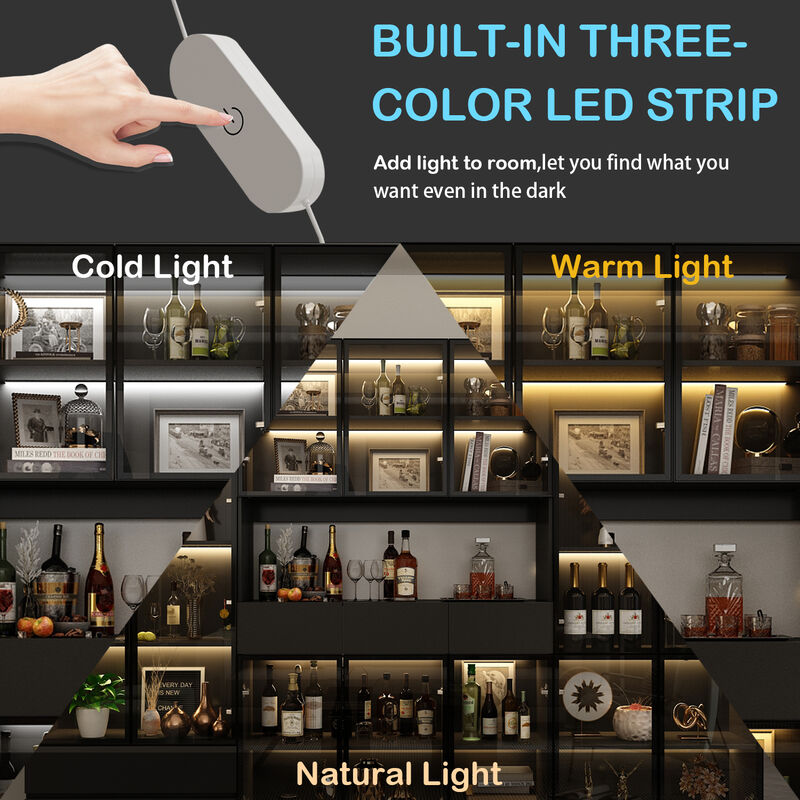 FUFU&GAGA Black Wine Cabinet with LED Lighting, Glass Doors, and Adjustable Shelves – Modern Farmhouse Style Display Storage,(110.2" L x 14.2" W x 78.7" H),Black