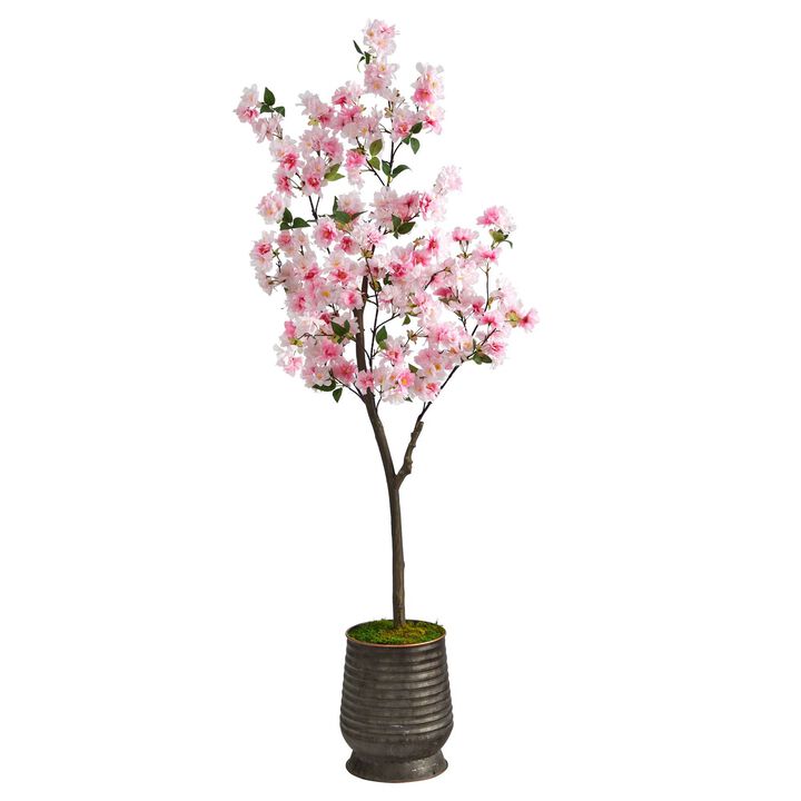 Nearly Natural 5.5-in Cherry Blossom Tree in Ribbed Metal Planter