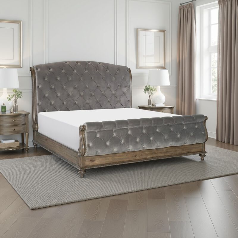 Danya Queen Bed, Sleigh Style, Tufted Rolled Headboard, Nailed Gray Velvet