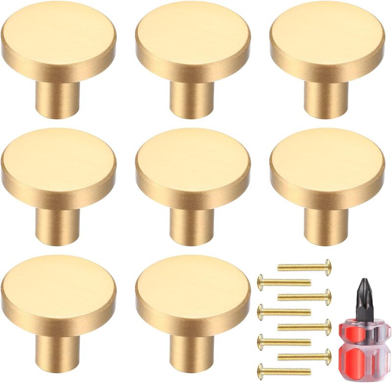 MUZHUPGUZ Gold Cabinet Knobs, 8Pcs Brushed Brass Round Kitchen Cabinet Hardware Pulls Knobs Gold for Dresser Drawer Cupboard Fur