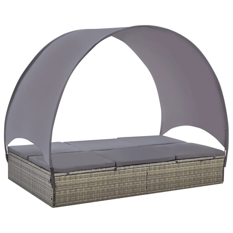 vidaXL Double Sun Lounger with Canopy Poly Rattan Gray