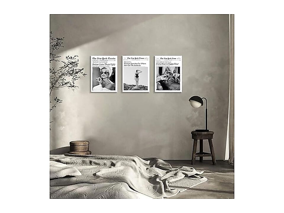 Audrey Hepburn Newspaper Trendy Wall Art Set 3 Framed Bedroom Black White Decor
