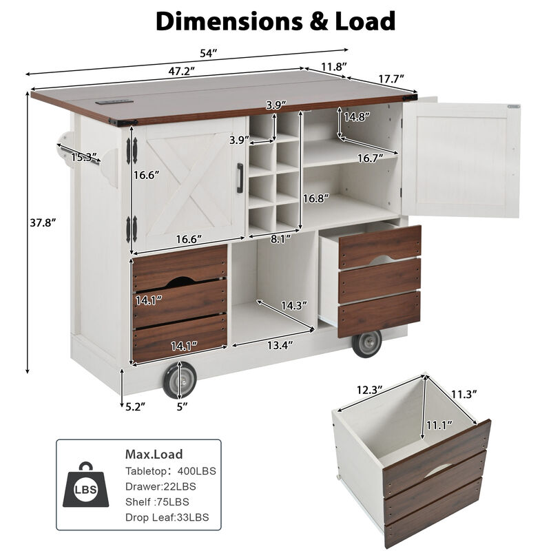 Whisen 54" Farmhouse Kitchen Island with 2 Drawers, Power Outlet & Adjustable Shelves, MDF for Kitchen & Dining image number 9