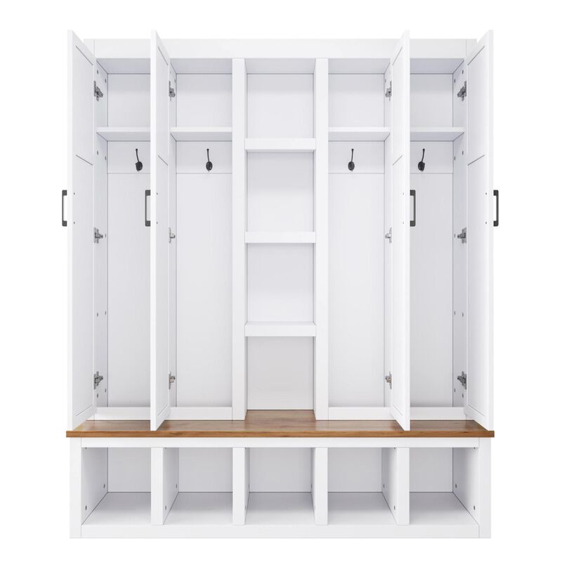 Merax Farmhouse 4-in-1 Hall Tree 6 Hanging Hooks, Wood Grain Bench | Shoe Cabinet with Open Storage