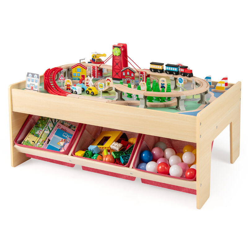 Wooden Kids Train Set Activity Table with 2 Reversible Table Tops-Natural image number 6