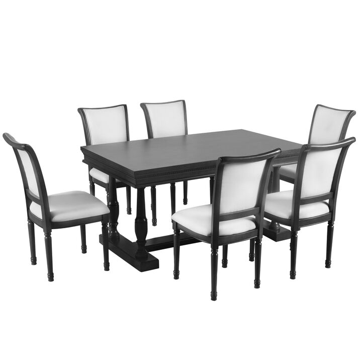 7Piece Dining Table with 4 Trestle Base and 6 Upholstered Chairs with Slightly Curve and Ergonomic Seat Back (Black)