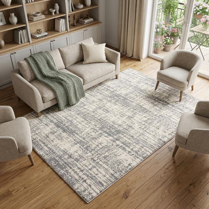 HomeRoots 7' X 10' Ivory And Gray Abstract Strokes Area Rug