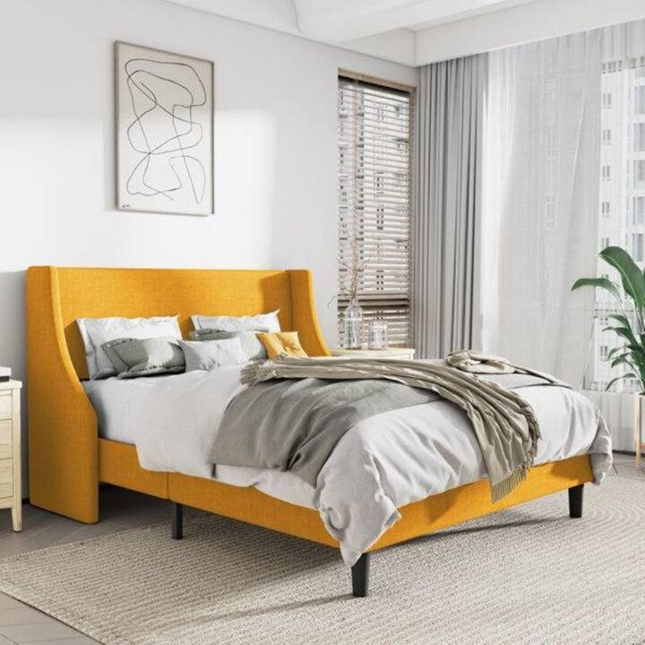 Hivvago Queen Size Yellow Linen Blend Upholstered Platform Bed with Wingback Headboard