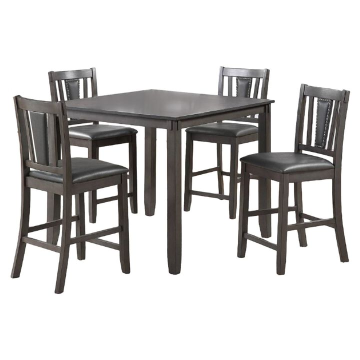 5 Piece Counter Height Dinning Table Set with 4 Chairs, Padded Seats, Gray - Benzara