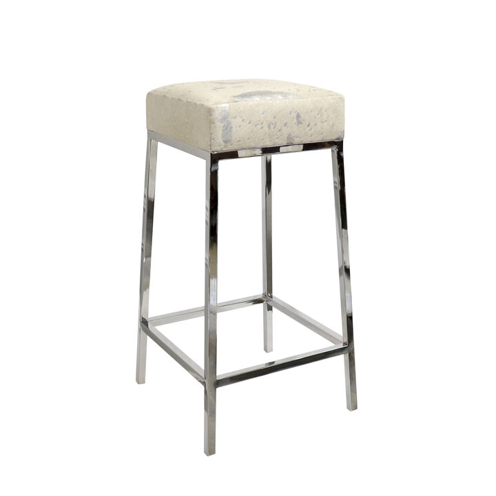 Pasargad Home Safari Collection Silver Foil Cowhide & Steel Bar Stool, Silver