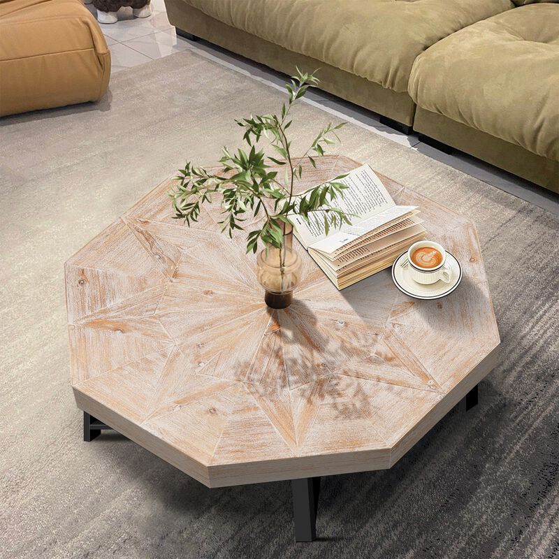 Clihome Wood Octagonal Vintage Patchwork Craft Farmhouse 30 Inch Wooden Table Top  Cross Metal Legs Coffee Table for Living Room image number 2