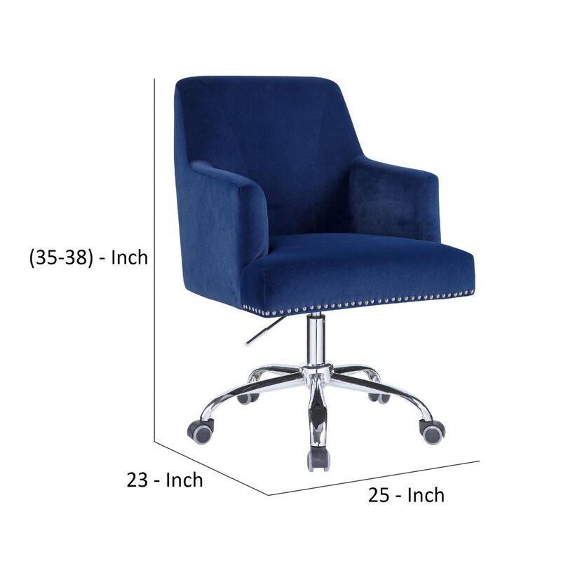 Swivel Office Chair with Sleek Track Arms and Nailhead Trim,Blue and Chrome-Benzara