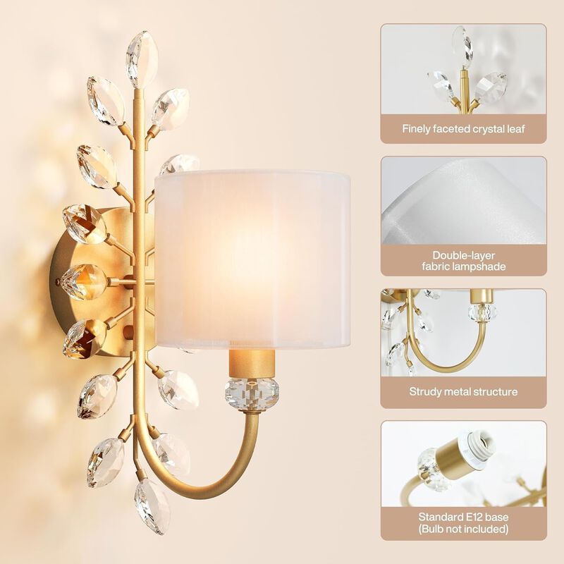 Gold Crystal Leaf Wall Sconce with Fabric Shade, Decorative Wall Light image number 7