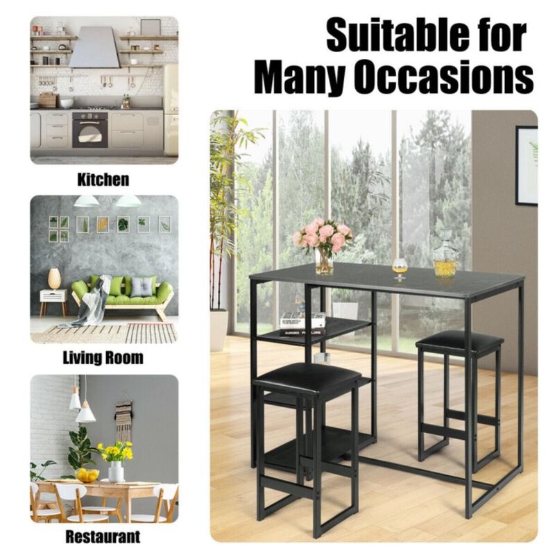 3 pcs Dining Set with Faux Marble Top Table and 2 Stools