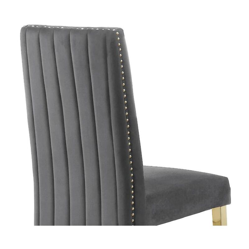 Set of 2 Dark Grey Velvet Tufted Side Chairs with Gold Legs and Nailhead Trim