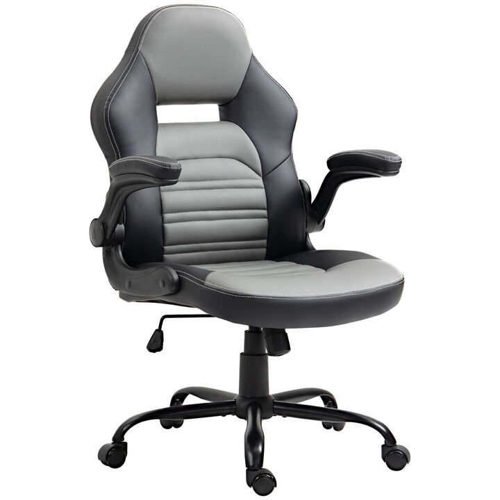 Vinsetto PU Leather Gaming Chair with Flip-up Armrests, Racing Style Computer Chair, Height Adjustable Home Office Chair with Swivel Wheels and Tilt Function, Gray