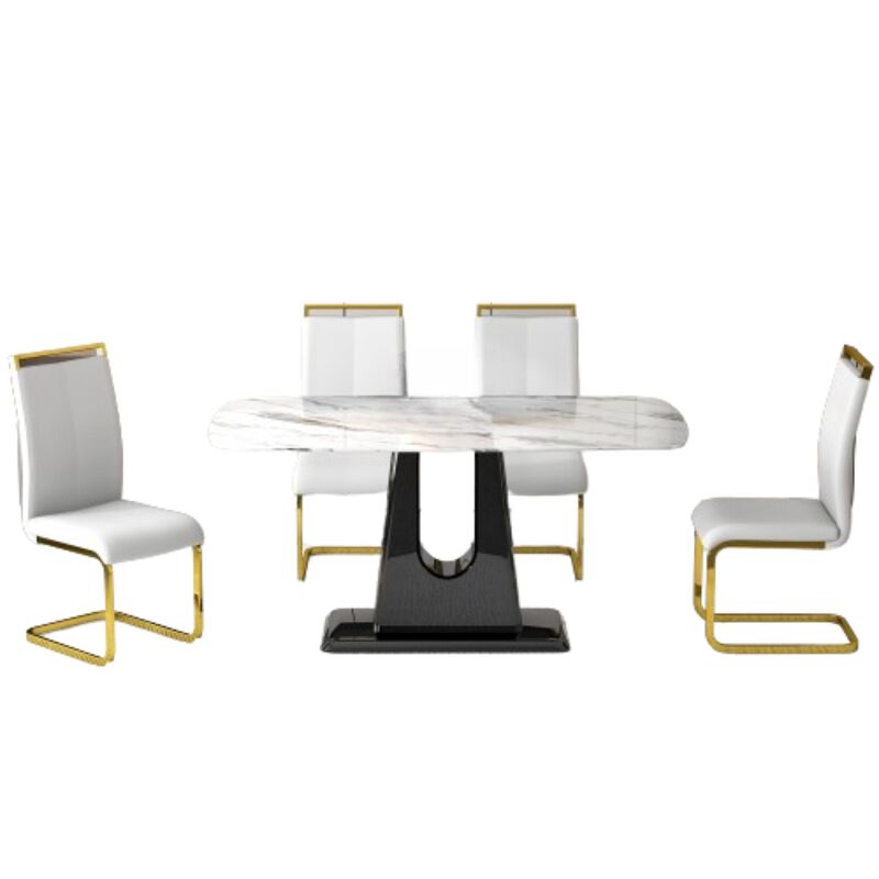 Hivvago Rectangular Marble Designed Table and Gold Plated  Dining Chair Set 4 Seater