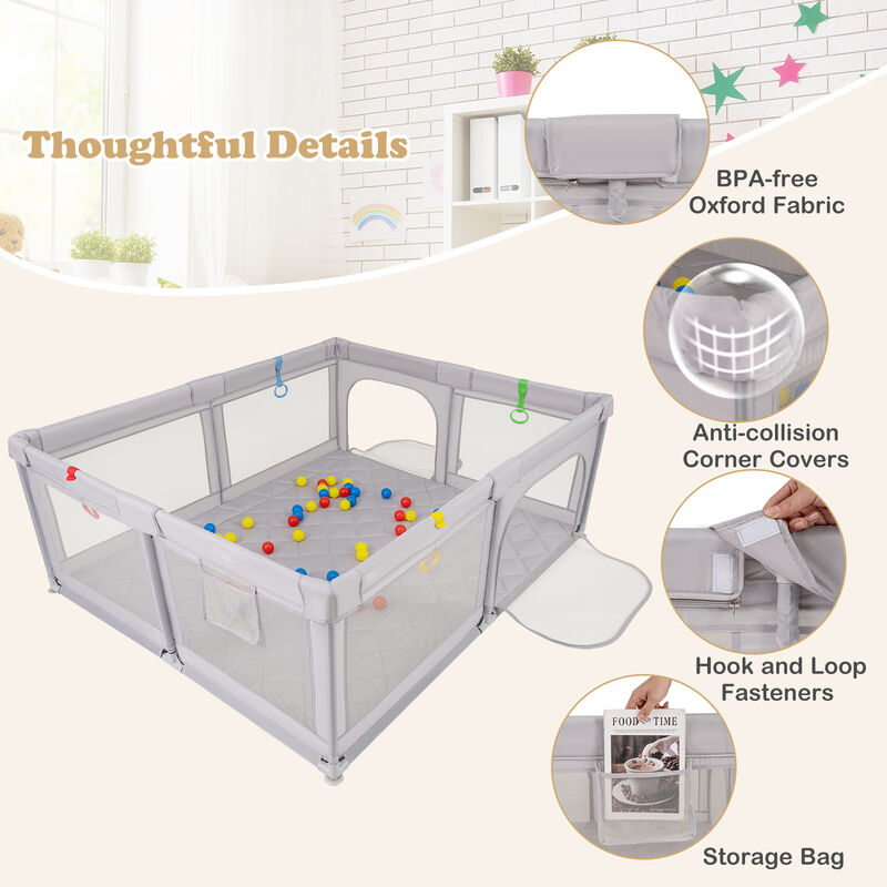 Large Infant Playpen, Activity Yard with Pull Rings & Ball Pit Balls-Gray image number 5