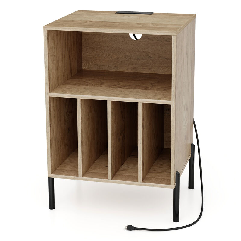 Record Player Stand with Record Storage Shelf and Charging Station
