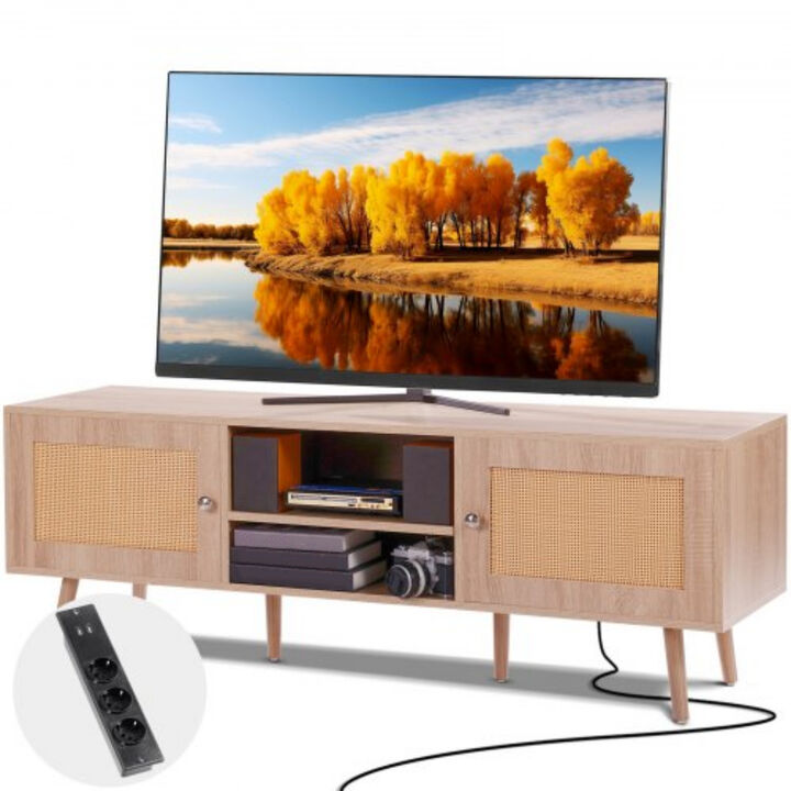 TV Stand for 65 Inch TV &ndash; Rattan Door Console with Built-In Charging Ports, Boho Media Cabinet for Modern Living Room