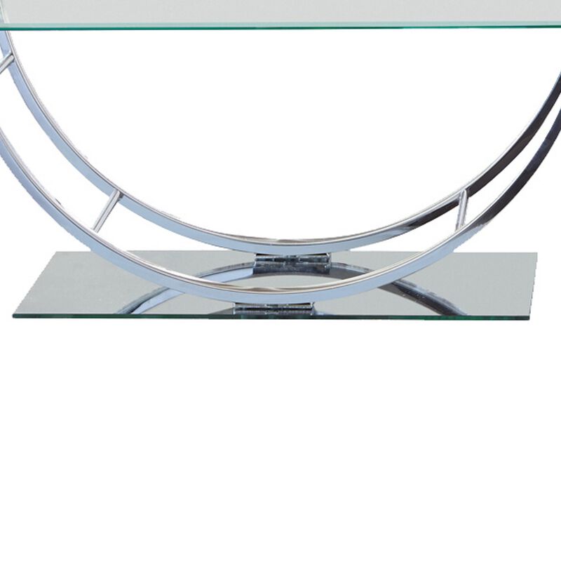 Tempered Glass Top Coffee Table with U Shape Metal Frame, Chrome and Clear-Benzara