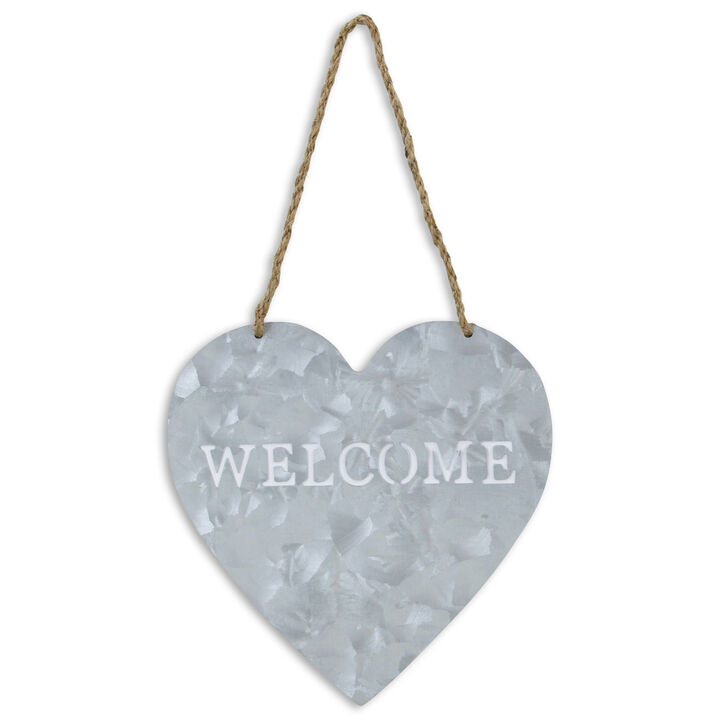 HomeRoots 10" Gray Galvanized Metal Heart Shaped Welcome Wall Decor