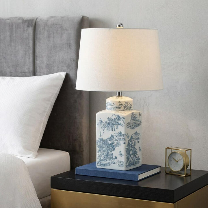 HomeRoots 25" Blue And White Table Lamp With Drum Shade