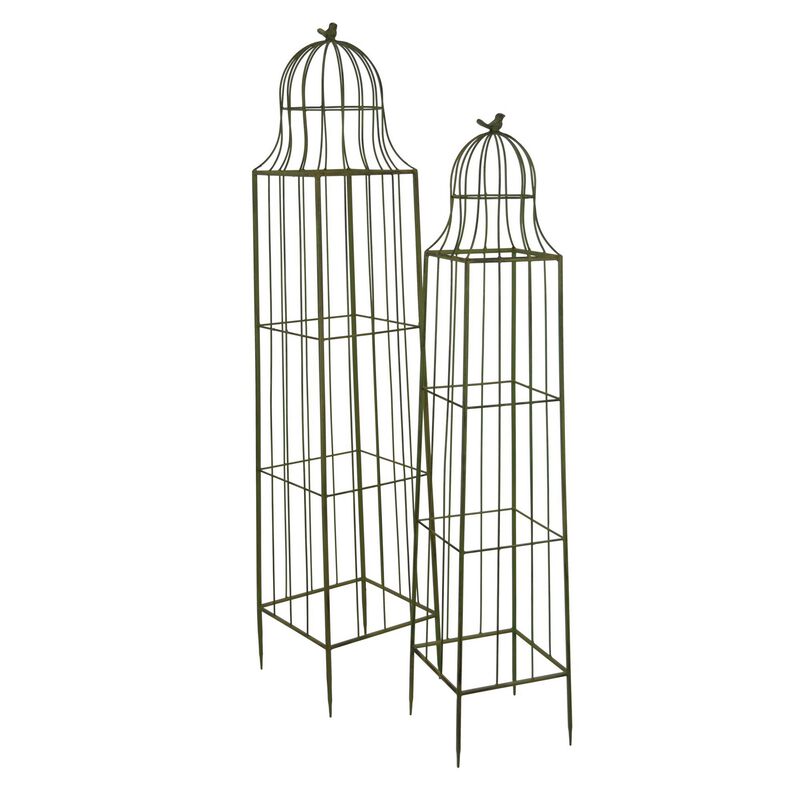 Meryl Plant Trellis Set of 2, Garden Tall Cage Design, Green Metal - Benzara