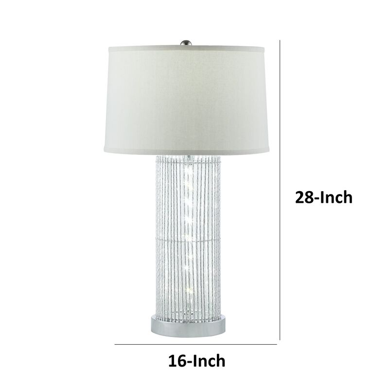 Jin 28 Inch Table Lamp, Gray Drum Fabric Shade, Modern Round Base, Silver - Benzara