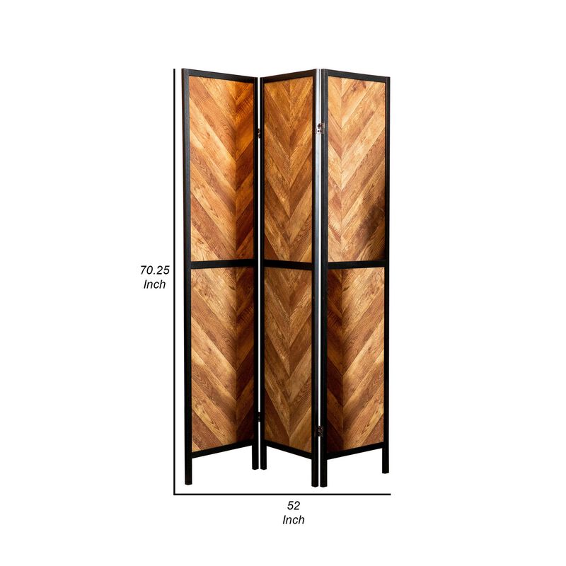 70 Inch Modern 3 Panel Folding Room Divider, Herringbone Pattern, Brown-Benzara