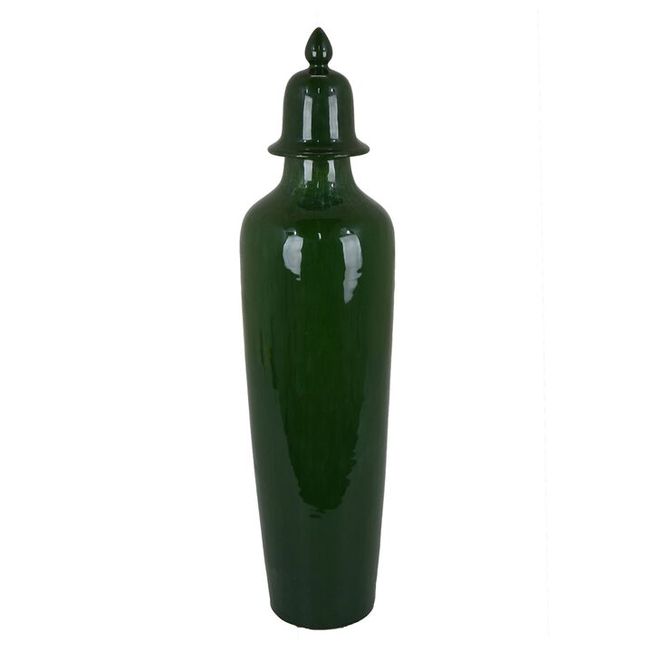 Jesi Accent Temple Jar with Lid, Decorative Green Ceramic, 29 Inch - Benzara
