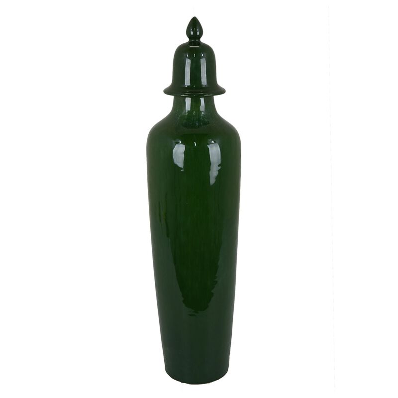 Jesi Accent Temple Jar with Lid, Decorative Green Ceramic, 29 Inch - Benzara