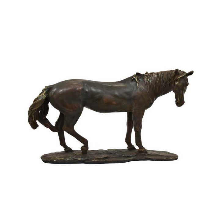 Refi 16 Inch Horse Statuette Figurine, Modern Style, Gold, Dark Brown Resin - Benzara