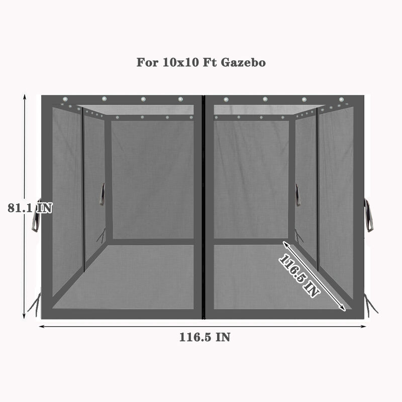 10x10 Ft Gazebo Replacement Mosquito Netting with Zippers, 4-Side Mesh Walls for Patio Gazebos