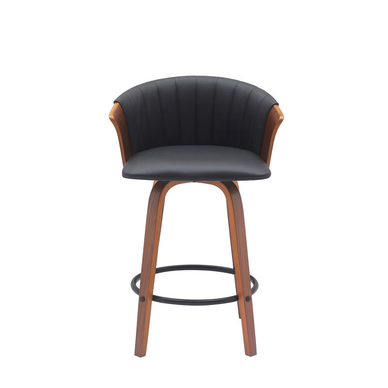 HomeRoots 26" Black and Wood Brown Faux Leather with Solid Wood Swivel Counter Height Bar Chair image number 0